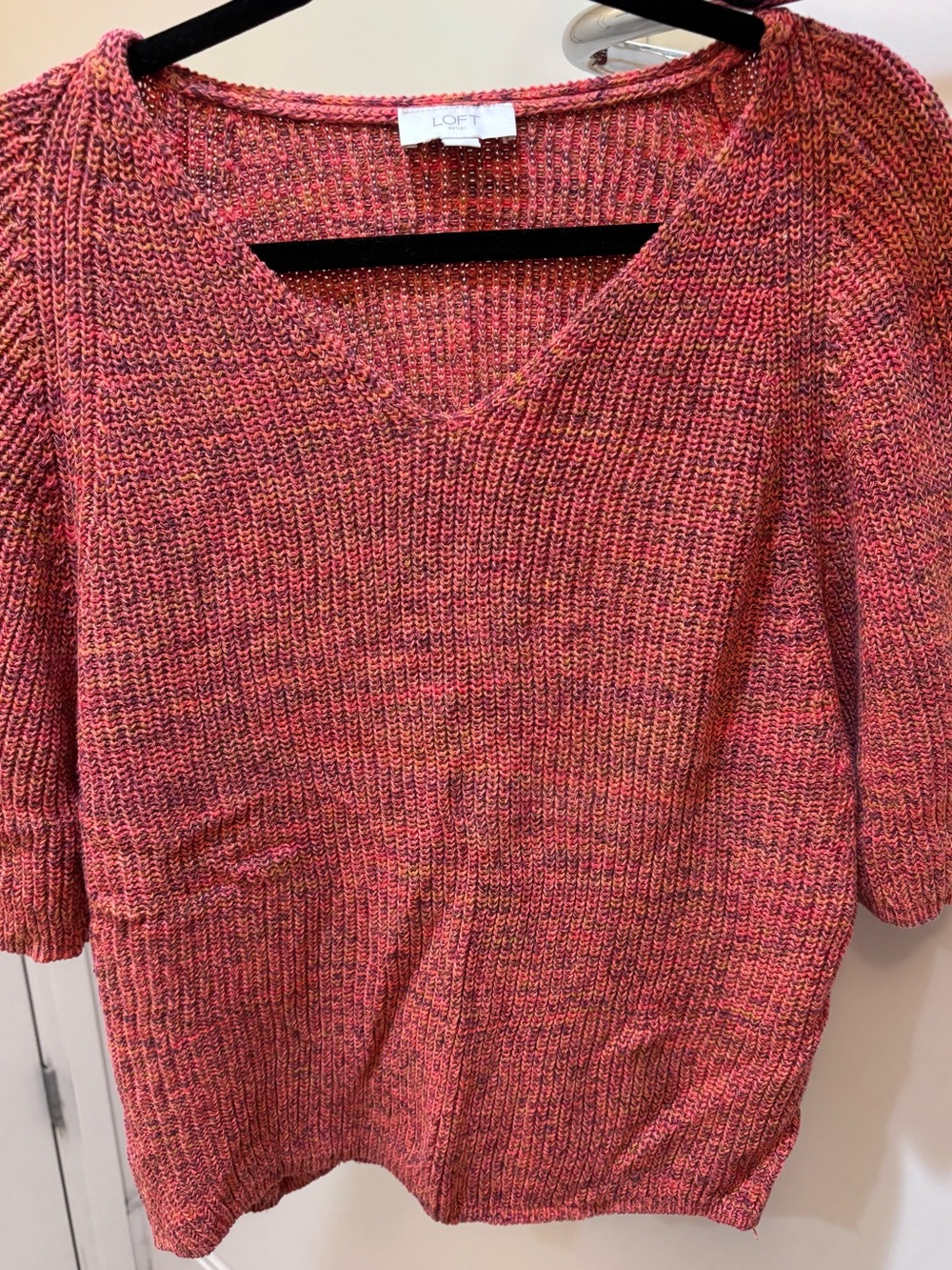 LOFT Pink Multicolor V-Neck, Winged 3/4 Sleeved Sweater Top